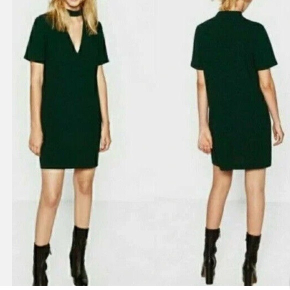 ZARA‎ V-Neck Choker Neck Dark Green Midi Dress - Picture 1 of 12